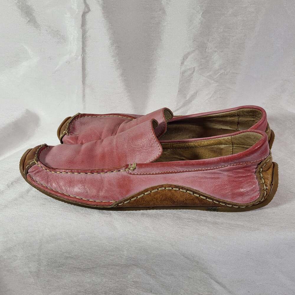 Elle Pink and Tan Leather Slip-On Driving Loafers Moccasins, size 39